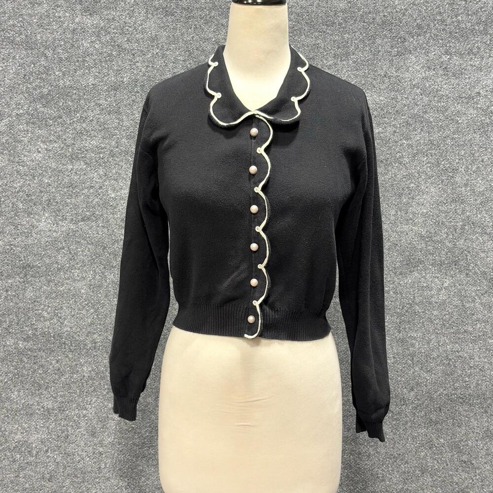 Rachel Antonoff Cardigan Sweater Womens Small Black Scallop Collar Pearl Button